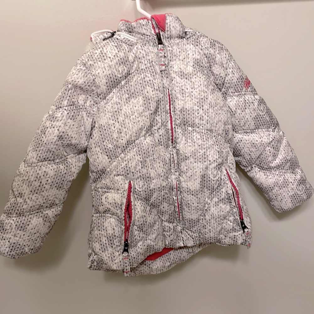 Weatherproof Puffer Coat with Faux Fur Hood - Gray, White, and Pink Girls’ 3T